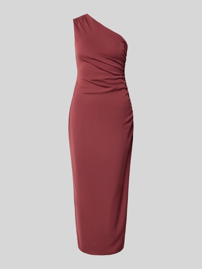 Produktfoto, Eng anliegendes Cocktailkleid mit One-Shoulder von Jake*s Cocktail in Dunkelrot mit glatter, leicht glänzender Oberfläche vor grauem Hintergrund.