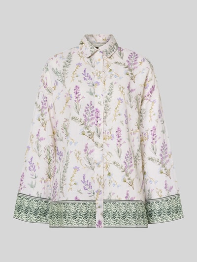 Produktfoto, Florale Leinen Langarmbluse mit Lavendelprint von Christian Berg Woman zeigt weißes Leinen mit lila Blumenmuster, grüner Saum.