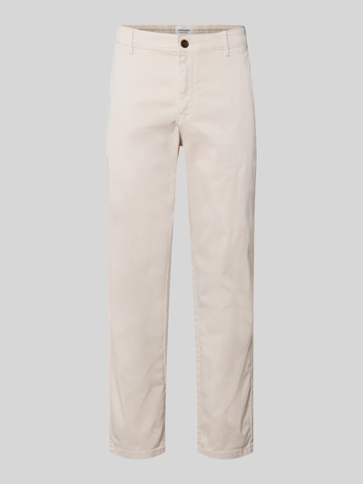 Produktfoto, Straight Fit Chino mit Eingrifftaschen Modell 'Vance' von Jack & Jones z elastycznej mieszanki bawełny, wpuszczane kieszenie, kieszenie z tyłu, zapięcie na guzik i zamek błyskawiczny, szerokość w rozmiarze 32/32: 43 cm, długość wewnętrzna nogawki: 67 cm, kolor jasny beż, gładka faktura