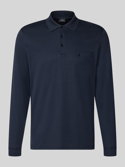 Produktfoto, Regular Fit Poloshirt aus Baumwoll-Mix von RAGMAN in Dunkelblau, Brusttasche, elastische Abschlüsse, langärmeliges Design, Rückenlänge bei Größe M 70 cm