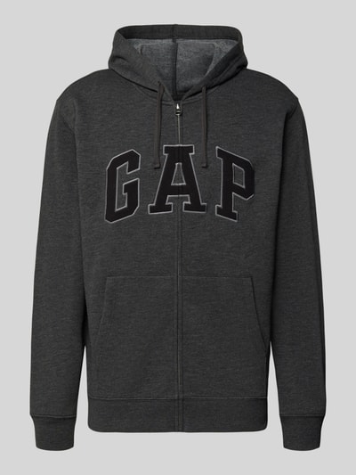 Produktfoto, Sweatjacke mit Logo und Känguru-Tasche von GAP in Dunkelgrau, Baumwoll-Mix, Regular-Fit, Kapuze, Reißverschluss, strukturierte Oberfläche