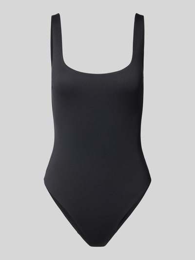 Produktfoto, schwarzer Badeanzug mit Label-Detail Modell 'CASSANDRA' von MC2 Saint Barth, Material-Mix mit Stretch-Anteil, Körpernahe Passform.