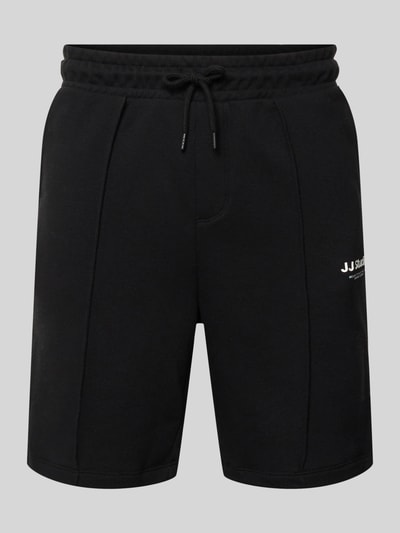 Productfoto, heren sweatshorts van katoenmix relaxed fit model 'KANE' van Jack & Jones, elastische band, logoprint, zwart.