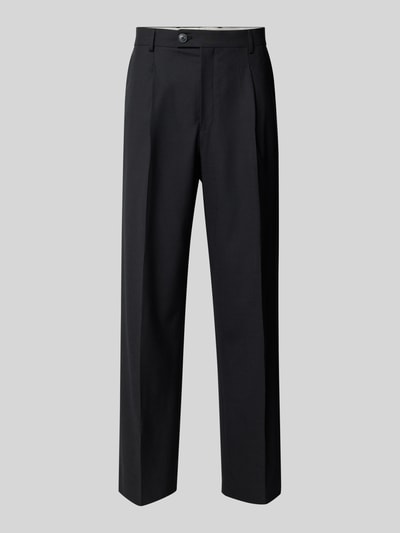Produktfoto, Straight Fit Stoffhose mit Bundfalten von ANNARR in Schwarz, glatte Textur, Bundfalten, Eingrifftaschen, Leistentaschen am Gesäß, Knopf- und Reißverschluss, Herrenhose, Kontext: Innenbeinlänge 81 cm, Bundweite 48 cm