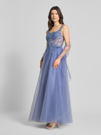 unique Abendkleid aus Tüll mit Stitchings und Pailletten Bleu 1