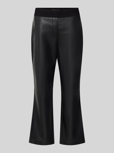 Produktfoto, Flared Fit Hose in -Optik von Christian Berg Woman, schwarz glänzende Oberfläche, elastischer Bund, verkürzte Passform, Damenmode