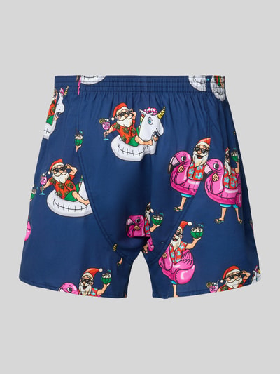 Productfoto, Boxershorts met elastische band van Deal, puur katoen, los model, labeldetail, donkerblauw met kleurrijke print.