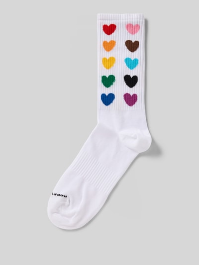 Produktfoto, weiße Socken aus Baumwoll-Mix Modell 'Rainbow' von Happy Socks mit bunten Herzmotiven und elastischem Rippenbündchen, Ripp-Optik