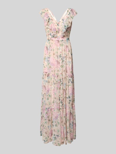 Produktfoto, Abendkleid mit Volantsaum und V-Ausschnitt von Swing, taillierter Schnitt, pastellfarbenes florales Chiffon-Material, Maxilänge.