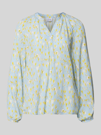 Produktfoto, Regular Fit Bluse aus reiner Viskose mit Allover-Motiv-Print von Emily Van den Bergh in Hellblau mit gelbem und weißem Muster, Tunika-Ausschnitt, langärmelig mit elastischen Ärmelabschlüssen, Rückenlänge bei Größe 36: 68 cm, Ärmellänge 65 cm