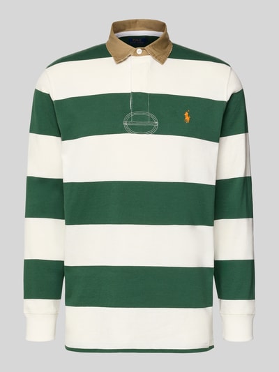 Produktfoto, Sweatshirt mit Label-Stitching von Polo Ralph Lauren, grüne und weiße Blockstreifen, reine Baumwolle, Regular-Fit, Polokragen, kurze Knopfleiste, gerippte Ärmelabschlüsse, Rückenlänge Größe M 66 cm, Ärmellänge Größe M 20 cm, strukturierte Oberfläche