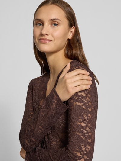 Only Slim fit shirt met lange mouwen in kantlook, model 'NIKKA' Chocoladebruin - 3