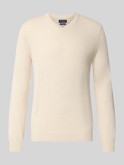 Produktfoto, Strickpullover aus Woll-Mix mit V-Ausschnitt von Christian Berg Men, regular fit, ribboorden, wolmix, heren, beige kleur, zachte textuur
