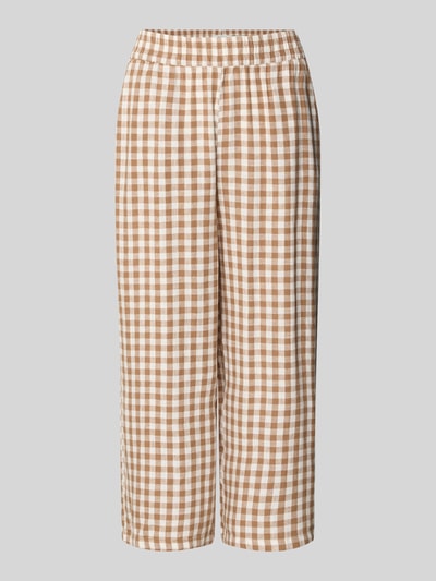 Produktfoto, Culotte aus Leinen-Viskose-Mix mit elastischem Bund von B.Young, kariertes Muster in Braun und Weiß, Cropped Fit, strukturierte Textur, Modell 'FALAKKA', Bundweite 38 cm, Innenbeinlänge 60 cm, Damen Culotte