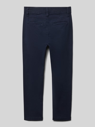 Productfoto, Slim Fit Chino aus Baumwoll-Mix Modell 'BRAD' van s.Oliver RED LABEL in effen donkerblauw met fijne weefstructuur, achteraanzicht