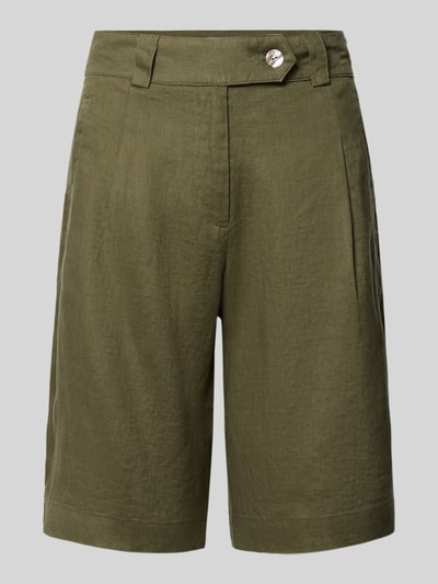 Produktfoto, Bermudas aus Leinen mit Gesäßtaschen von Christian Berg Woman, len, krój regular fit, zapięcie na guzik, kieszenie z tyłu, szerokość w rozmiarze 36: 38 cm, długość wewnętrzna nogawki 36: 27 cm, oliwkowy kolor, gładka tekstura