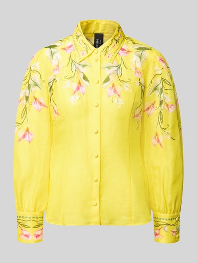 Produktfoto, Bluse aus Leinen-Mix mit Knopfleiste von Marc Cain in Gelb mit floralem Print, gerader Schnitt, Hemdblusenkragen, Sportmanschetten, glatte Textur, Kontrast aus Seide-Anteil