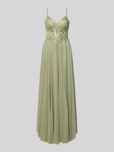 Produktfoto, Abendkleid mit Stitchings und Ziersteinbesatz von Luxuar, langes Maxikleid aus grünem Chiffon, tailliert, Spaghettiträger.