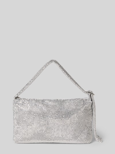 Produktfoto, Shoulder Bag mit Allover-Strasssteinbesatz von Jake*s Cocktail, srebrzyste kryształki, prostokątny kształt, faktura błyszcząca, główna komora z zamkiem, regulowany pasek na ramię, wewnętrzna kieszeń, Szerokość w rozmiarze 1: 27 cm, długość 16 cm, głębokość 4 cm, długość paska 56 cm