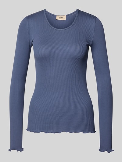 Produktfoto, Longsleeve mit Seiden-Anteil Modell 'Elaine' von MOS MOSH in Blau, Rundhalsausschnitt, Muschelsaum, körpernahe Passform, fein gerippte Textur