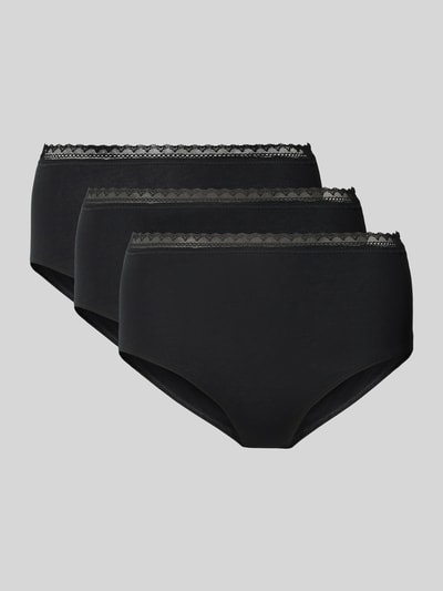 Produktfoto, Slim Fit Slip aus Baumwoll-Mix im 3er-Pack von SCHIESSER, schwarze Farbe, Spitzenbesatz, glatte strukturierte Oberfläche.