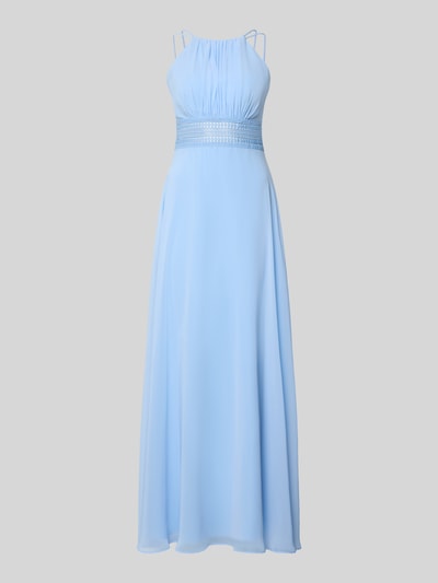 Produktfoto, Abendkleid mit Raffungen von Jake*s Cocktail in Hellblau, Taillierter Schnitt, Spaghettiträger, Nahtreißverschluss, blickdichtes Unterkleid, Rückenlänge 30 cm, Brustweite 36 cm bei Größe 36, glatte fließende Struktur