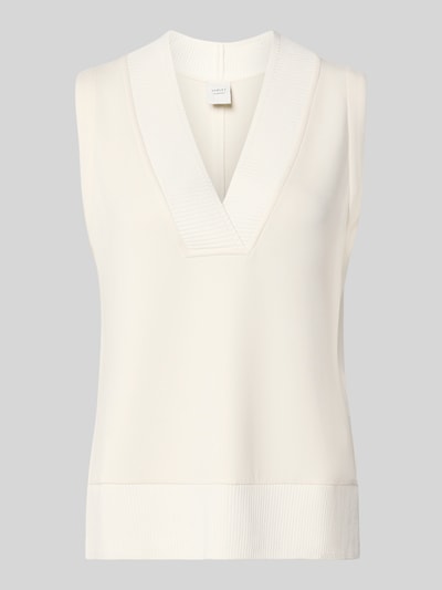Produktfoto, wit top van VARLEY uit mix van viscose en elastaan, tricotlook, ribboorden, los model, Model 'Freida', V-hals, ruglengte maat S 40 cm