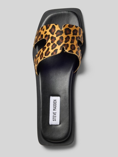 Produktfoto, Slippers aus echtem Leder mit Allover-Animal-Print Modell 'Sofia' von Steve Madden, schwarze Sohle, flache Passform, offene Ferse, Absatzhöhe 2 cm, Schaftweite 7 cm, Damen, Allover-Animal-Print