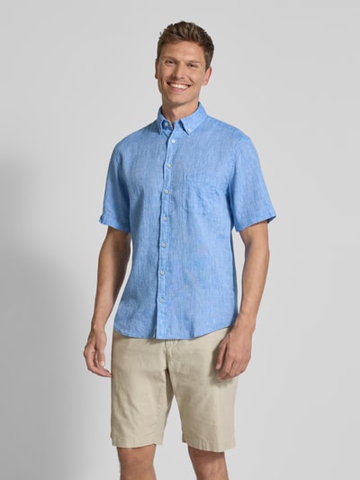 Fynch-Hatton Regular fit vrijetijdsoverhemd van een mix van linnen en katoen Koningsblauw - 4