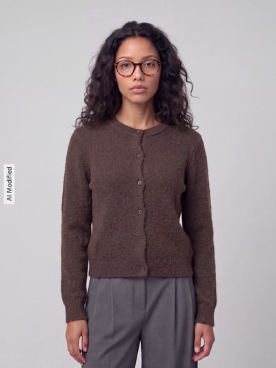 Frauenmodel trägt Regular Fit Strickjacke mit Woll-Anteil Modell 'MALOU' von PIECES in Braun zu grauer Hose, Ganzkörperansicht von vorne, KI-modifiziertes Bild.