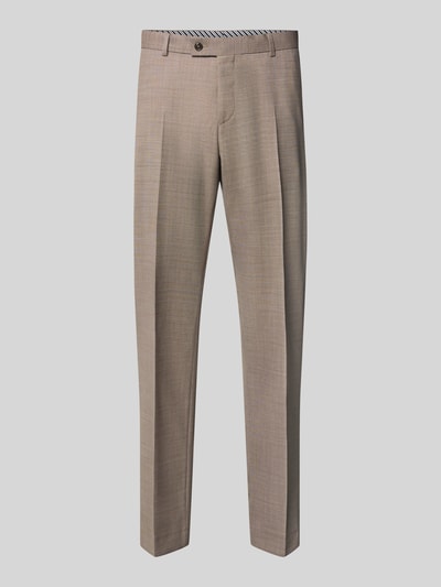 Produktfoto, Straight Fit Hose aus Schurwoll-Mix von bugatti, beige, Bundfalten, Gesäßtaschen, glatte Textur, elastischer Stoff