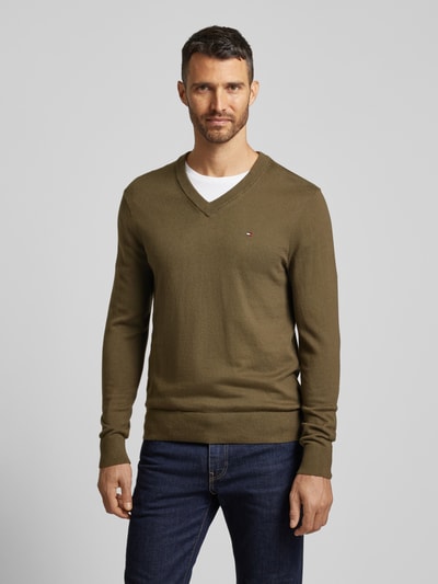 Tommy Hilfiger Gebreide pullover met logostitching, model 'PIMA' Olijfgroen - 4