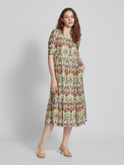 ROBE LÉGÈRE Midi-jurk met all-over motief en pofmouwen Kaki - 1