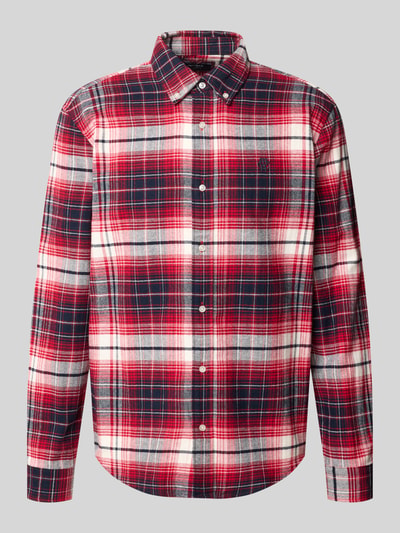 Produktfoto, Regular Fit Freizeithemd mit Button-Down-Kragen von MCNEAL in rood, wit en donkerblauw all-over look met labelstitching, knoopsluiting, ruglengte maat M 75 cm, schouderbreedte 47 cm, mouwlengte 66 cm