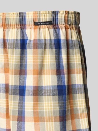 Produktfoto, Boxershorts mit elastischem Bund im 2er-Pack von Schiesser, kariertes Muster in Blau, Beige und Orange, reine Baumwolle, Regular Fit.