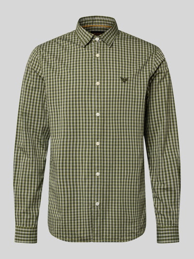 Produktfoto, Slim Fit Freizeithemd mit Kentkragen und Label-Stitching von PME Legend, krój slim fit, allover-kratka, bawełna, beżowo-zielone odcienie, zapięcie na guziki, kontekst: męska koszula casualowa, marka PME Legend
