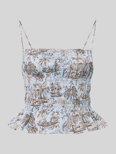 Produktfoto, Slim Fit Top mit floralem Allover-Print Modell 'Ayla' von Staud in Hellblau-Braun, elastischer Baumwoll-Mix, Smok-Detail