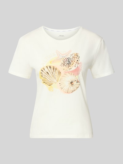 Produktfoto, T-Shirt mit Motiv-Print und Strasssteinbesatz von Marc Cain aus Reine Baumwolle, Regular-Fit, Rundhalsausschnitt, Damen T-Shirt, Rückenlänge bei Größe 36: 57 cm, helles Design mit Muschel-Motiv und sanften Pastellfarben.
