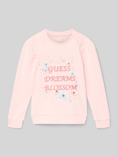 Produktfoto, Sweatshirt mit Label-Detail von Guess in zartem Rosa, reine Baumwolle, Regular Fit, Rundhalsausschnitt, floral bedruckt.