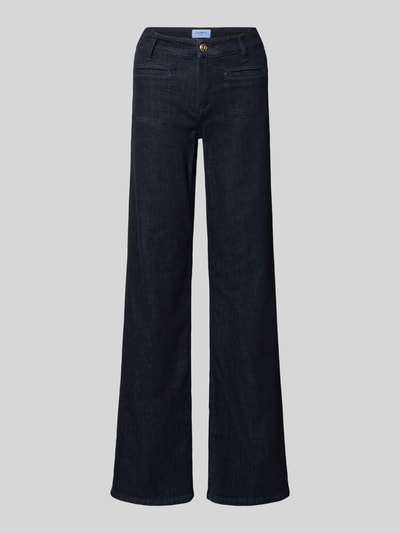 Produktfoto, dunkelblaue Straight Fit Jeans aus Baumwoll-Mix Modell 'TESS' von CAMBIO, Damen Straight Fit Jeans von CAMBIO, glatte Struktur, klassische Five-Pocket-Optik, vor grauem Hintergrund.