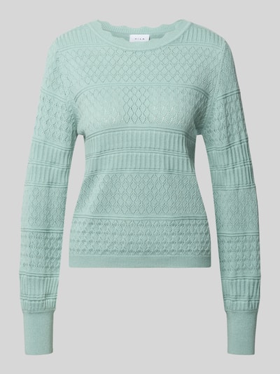 Produktfoto, Regular Fit Pullover aus Viskose-Mix Modell 'Milos' von Vila, breiselgroene kleur, fijn breipatroon, lange mouwen, ronde hals, opengewerkt motief, elastische boorden, zachte textuur