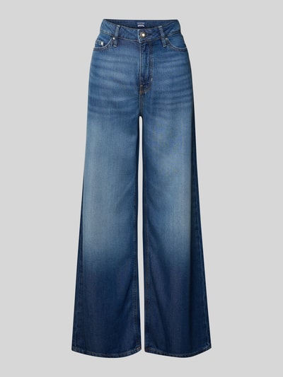 Produktfoto, Wide Leg Jeans im 5-Pocket-Design Modell 'BELLFLOWER' von Guess, Lyocell-Mix, ausgestellter Schnitt, mittelblau, glatte Textur.