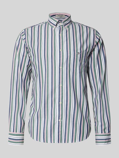 Produktfoto, Freizeithemd mit Knopfleiste von Gant aus reiner Baumwolle mit Streifen in Blau, Grün, Rosa und Weiß, Regular-Fit, Button-Down-Kragen, Brusttasche, Label-Stitching, Rückenlänge 77 cm, Schulterbreite 44 cm, Ärmellänge 67 cm.