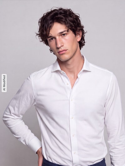 Männermodel trägt weißes Slim Fit Businesshemd aus Baumwoll-Modal-Mix Modell 'Light Spread Kent' von Seidensticker, Nahaufnahme Oberkörper, KI-modifiziertes Bild.