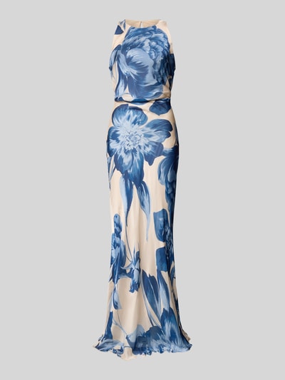Productfoto, avondjurk met rugdecolleté en druppelvormige hals van Rinascimento, satijn, in design van zeemeermin, maxi-jurk, ronde hals, plooien, blauwe bloemenprint