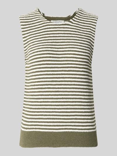 Produktfoto, Frise Yarn Frottee Ringel-Top von Christian Berg Woman in Oliv und Weiß mit Streifenmuster, Regular-Fit, Rundhalsausschnitt, Frottee-Struktur, Rückenlänge bei Größe S 56 cm.