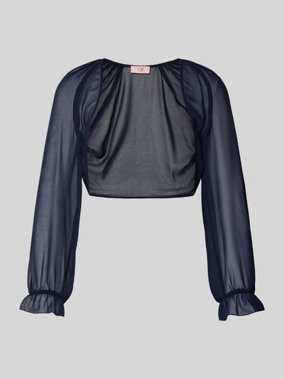 Produktfoto, Relaxed Fit Bolero in semitransparentem Design von V.M., dunkelblauer Stoff, Langärmelig mit Rüschenbesatz, Rückenlänge 41 cm bei Größe 36