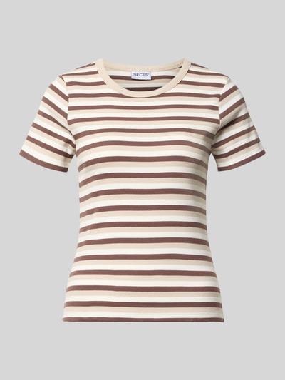 Produktfoto, beige en bruin gestreept slim fit T-shirt uit katoenmix, model 'MAY' van Pieces, dames T-shirt