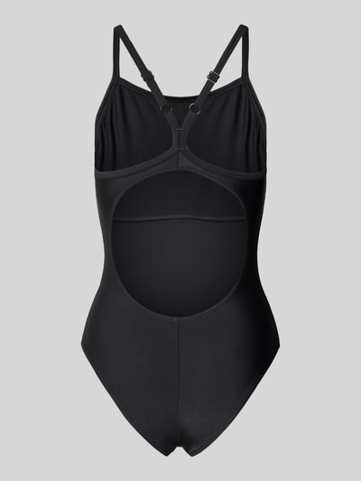 Produktfoto, Slim Fit Badeanzug mit Cut-Out auf der Rückseite von Arena aus Elastischer-Material-Mix, schwarzes Design, Logo-Detail, verstellbare Spaghettiträger