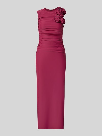 Produktfoto, Cocktailkleid mit floralen Applikationen Modell 'DONA' von YAS, kräftiges Pink, Material-Mix mit Stretch-Anteil, Figurbetont, Maxikleid, Rundhalsausschnitt, glatte Textur, Größe S, Rückenlänge 133 cm, Brustweite 32 cm.